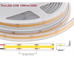 Tira LED 230V monocolor 15W/mt COB IP67 10x4mm corte cada 125mm, rollo 10mts x 19,00€/m